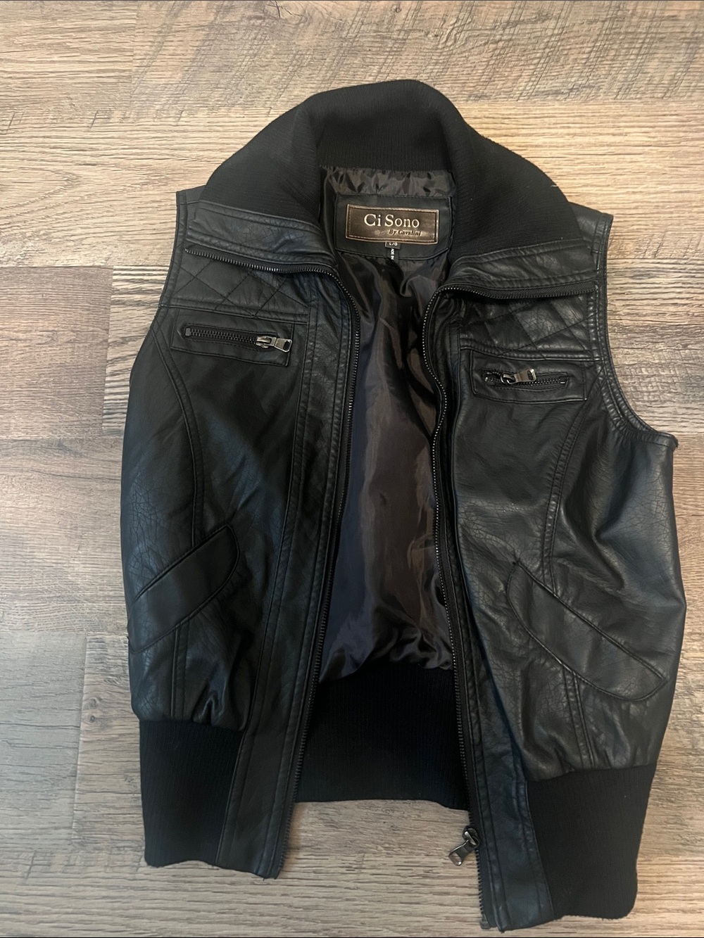Ci Sono Black Faux Leather  Sleeveless Bomber Jacket Vest